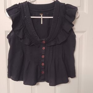 Free People Sylvia Black Cotton Sleeveless Cropt Top With Ruffles & Buttons S